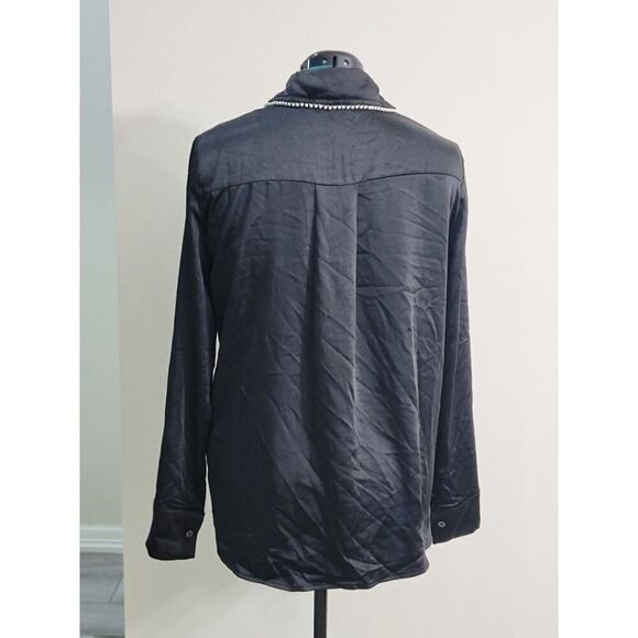 Kittenish All The Rage Black Satin Button Down Long Sleeve Faux Pearls Size XL - Picture 2 of 9